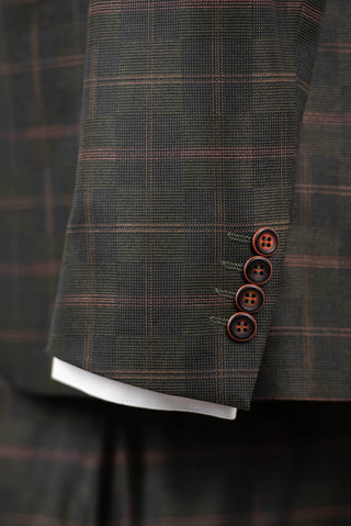 Dark olive green Quesste extended suit with a vest and a plaid pattern