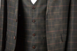 Dark olive green Quesste extended suit with a vest and a plaid pattern