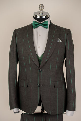 Tumši pelēks Quesste slim fit uzvalks ar vesti un zaļām svītrām
