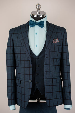 Tumši tirkīza zils Quesste slim fit uzvalks ar vesti un rūtainu rakstu