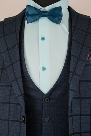 Tumši tirkīza zils Quesste slim fit uzvalks ar vesti un rūtainu rakstu