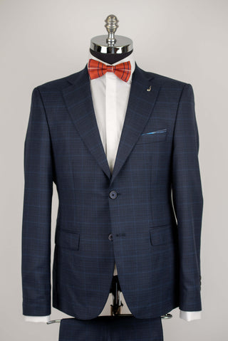 Dark blue Lucio slim fit suit with a fine plaid pattern