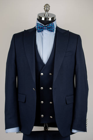 Dark blue Quesste slim fit suit with a double-breasted vest and silver buttons