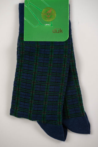Dark blue socks with a green plaid pattern