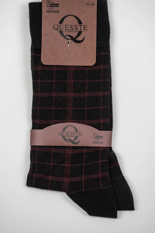 Black socks with a burgundy plaid pattern