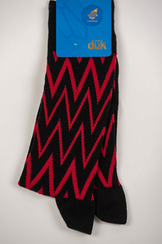 Black socks with a red pattern