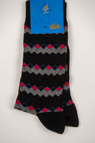 Black socks with a multicolor geometric pattern
