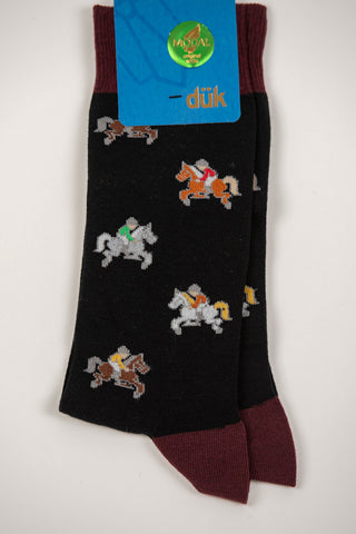 Black horse-themed socks with burgundy details