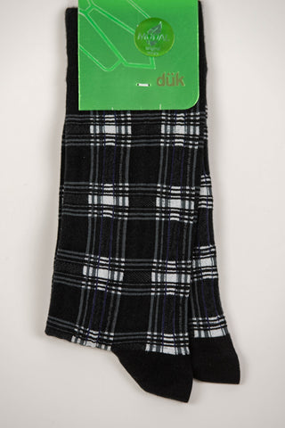 Black socks with a white and gray plaid pattern