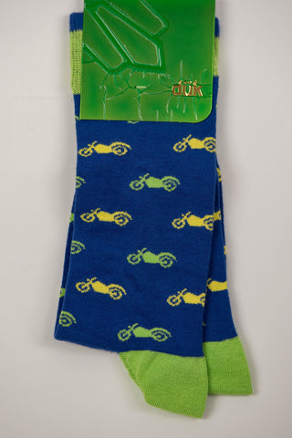 Blue socks with motorcycles
