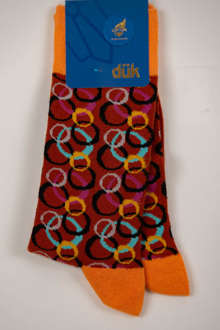 Rust brown socks with multicolor circle pattern