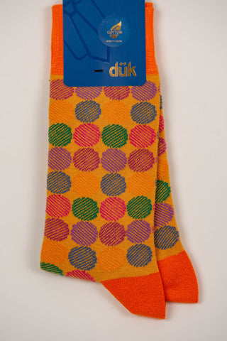 Orange socks with colorful circle pattern
