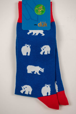 Zilas zeķes ar lāčiem un sarkaniem akcentiem