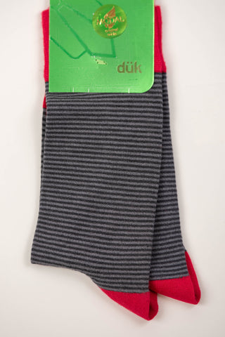 Gray striped socks with red accents