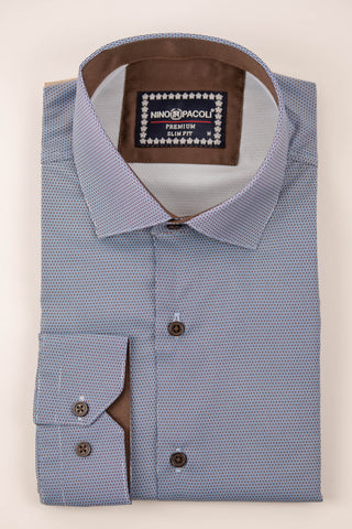 Zils Nino Pacoli viegli gludināms, maz burzīgs slim fit krekls ar brūnu rakstu