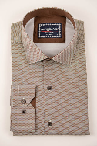 Bēšs Nino Pacoli viegli gludināms, maz burzīgs slim fit krekls ar brūnu rakstu