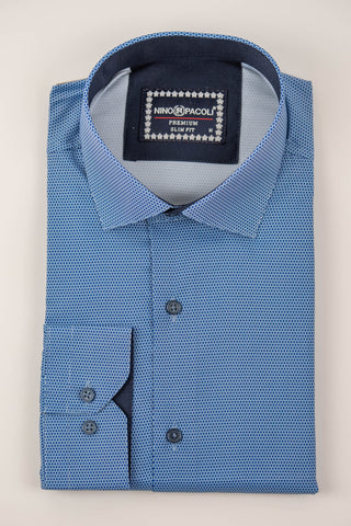 Zils Nino Pacoli viegli gludināms, maz burzīgs slim fit krekls ar tumši zilu rakstu