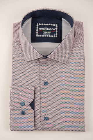 Koraļļu krāsas Nino Pacoli viegli gludināms, maz burzīgs slim fit krekls ar zilu rakstu