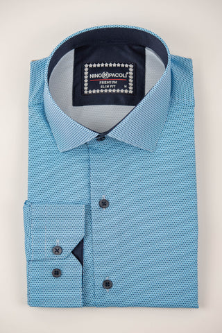Zils Nino Pacoli viegli gludināms, maz burzīgs slim fit krekls ar tumši zilu rakstu