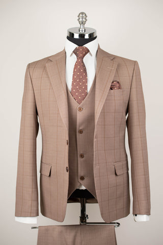 Karameļu bēšs Azzaro slim fit uzvalks ar vesti un rūtainu rakstu