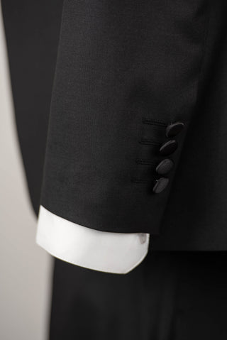 Black Quesste extended tuxedo with satin lapels