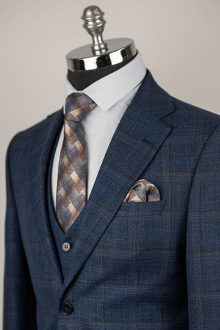 Zils Azzaro slim fit uzvalks ar vesti un rūtainu rakstu