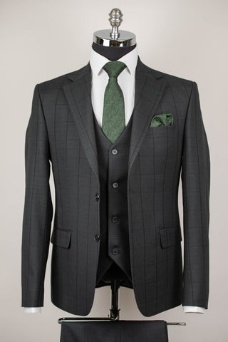 Tumši zaļš Azzaro slim fit uzvalks ar vesti un rūtainu rakstu