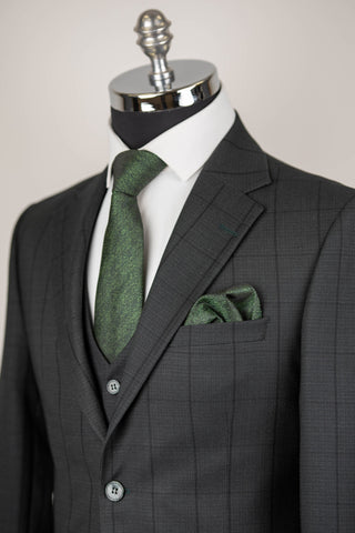 Tumši zaļš Azzaro slim fit uzvalks ar vesti un rūtainu rakstu