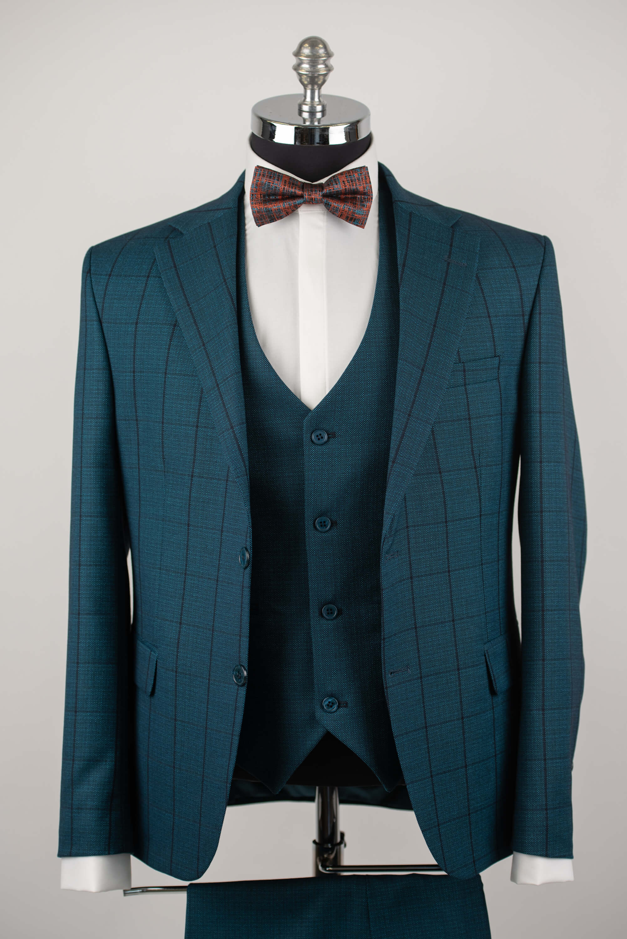 Dark turquoise blue Azzaro slim fit suit with a vest and a plaid
