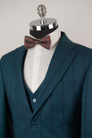 Tumši tirkīzzils Azzaro slim fit uzvalks ar vesti un rūtainu rakstu
