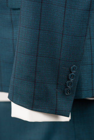 Tumši tirkīzzils Azzaro slim fit uzvalks ar vesti un rūtainu rakstu