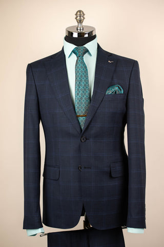 Tumši zils Lucio pagarināts uzvalks ar maigu rūtainu rakstu