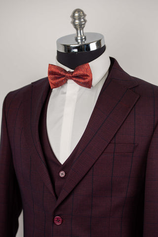 Tumši bordo Azzaro slim fit uzvalks ar vesti un rūtainu rakstu