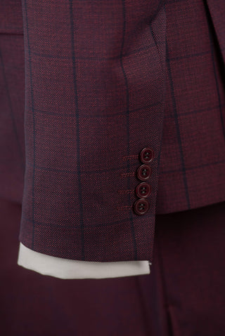 Tumši bordo Azzaro slim fit uzvalks ar vesti un rūtainu rakstu