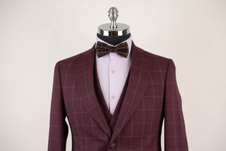 Burgundy Quesste slim fit suit with a light plaid pattern and double-breasted vest