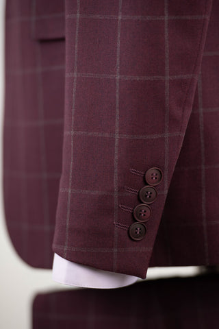Burgundy Quesste slim fit suit with a light plaid pattern and double-breasted vest