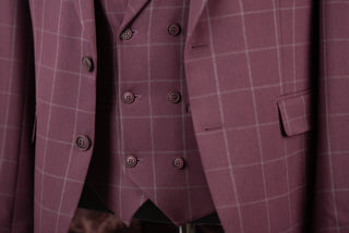 Burgundy Quesste slim fit suit with a light plaid pattern and double-breasted vest