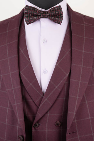 Burgundy Quesste slim fit suit with a light plaid pattern and double-breasted vest