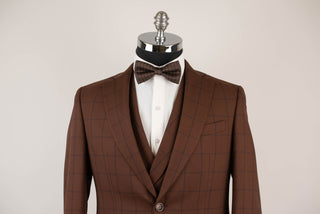 Brown Quesste slim fit suit with a plaid pattern and double-breasted vest