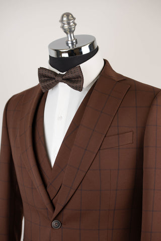 Brown Quesste slim fit suit with a plaid pattern and double-breasted vest