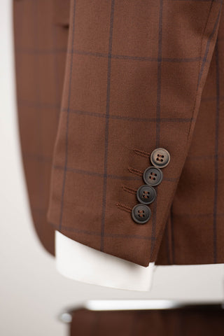 Brown Quesste slim fit suit with a plaid pattern and double-breasted vest