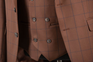 Brown Quesste slim fit suit with a plaid pattern and double-breasted vest