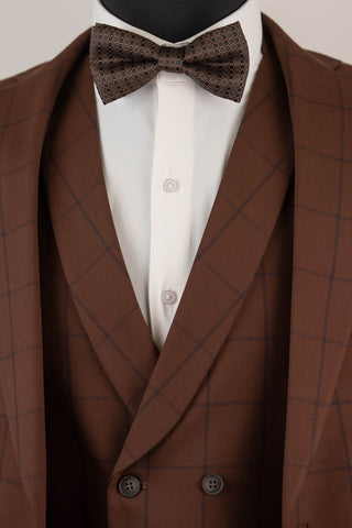 Brown Quesste slim fit suit with a plaid pattern and double-breasted vest