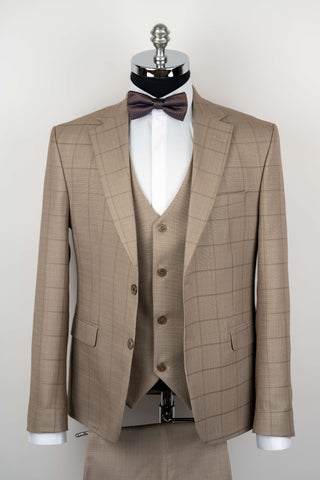 Dark beige Moda Vinci regular fit suit with a vest and a plaid pattern