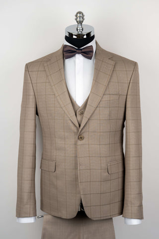 Dark beige Moda Vinci regular fit suit with a vest and a plaid pattern