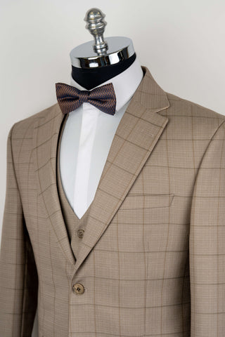Dark beige Moda Vinci regular fit suit with a vest and a plaid pattern