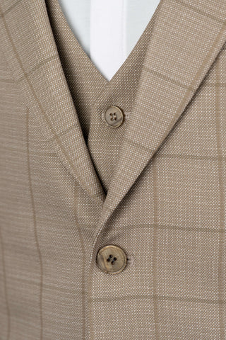 Dark beige Moda Vinci regular fit suit with a vest and a plaid pattern