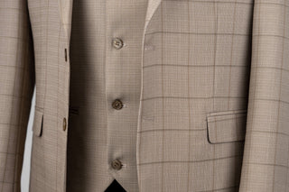Dark beige Moda Vinci regular fit suit with a vest and a plaid pattern