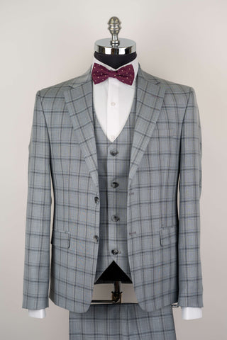Light grey Azzaro slim fit suit with a vest and a plaid pattern