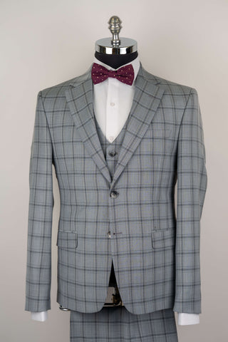Light grey Azzaro slim fit suit with a vest and a plaid pattern